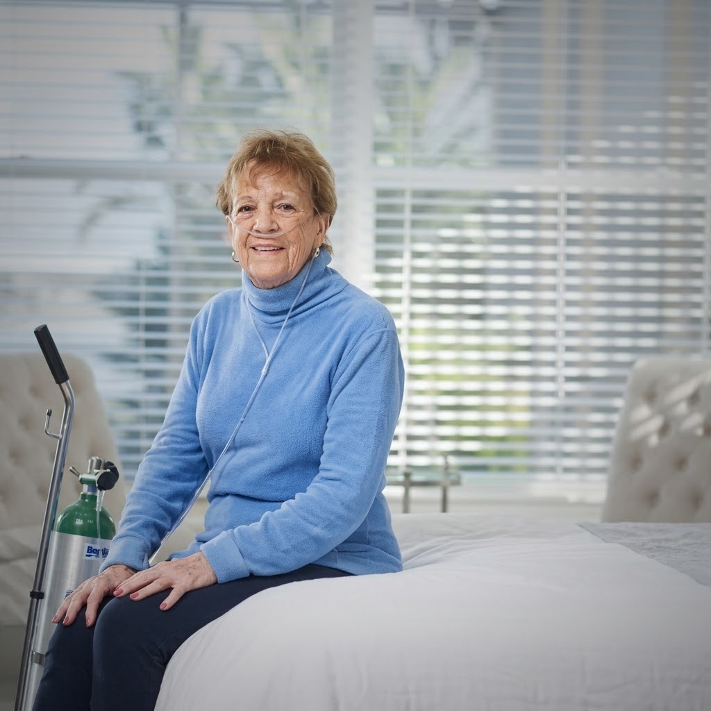 A woman sitting on a bed with a portable oxygen tank nearby